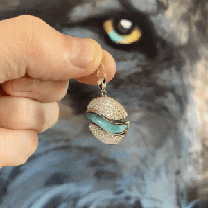 Pendentif style médaillon en vague de Larimar et Strass, argent 925