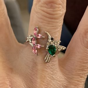 Bague ajustable colibris et fleurs en zircons