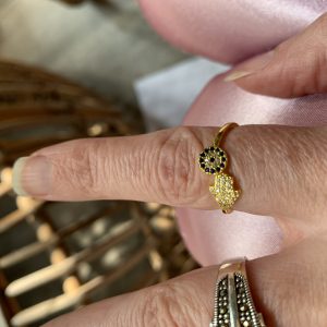Bague ajustable Main de Fatima Or & cristaux noirs